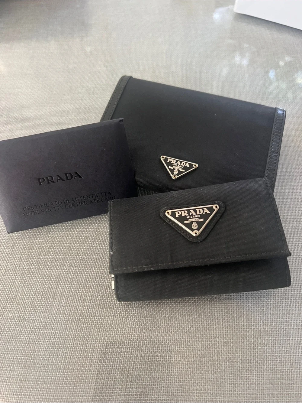 Prada Black Nylon Triangular Logo Wallet Duo